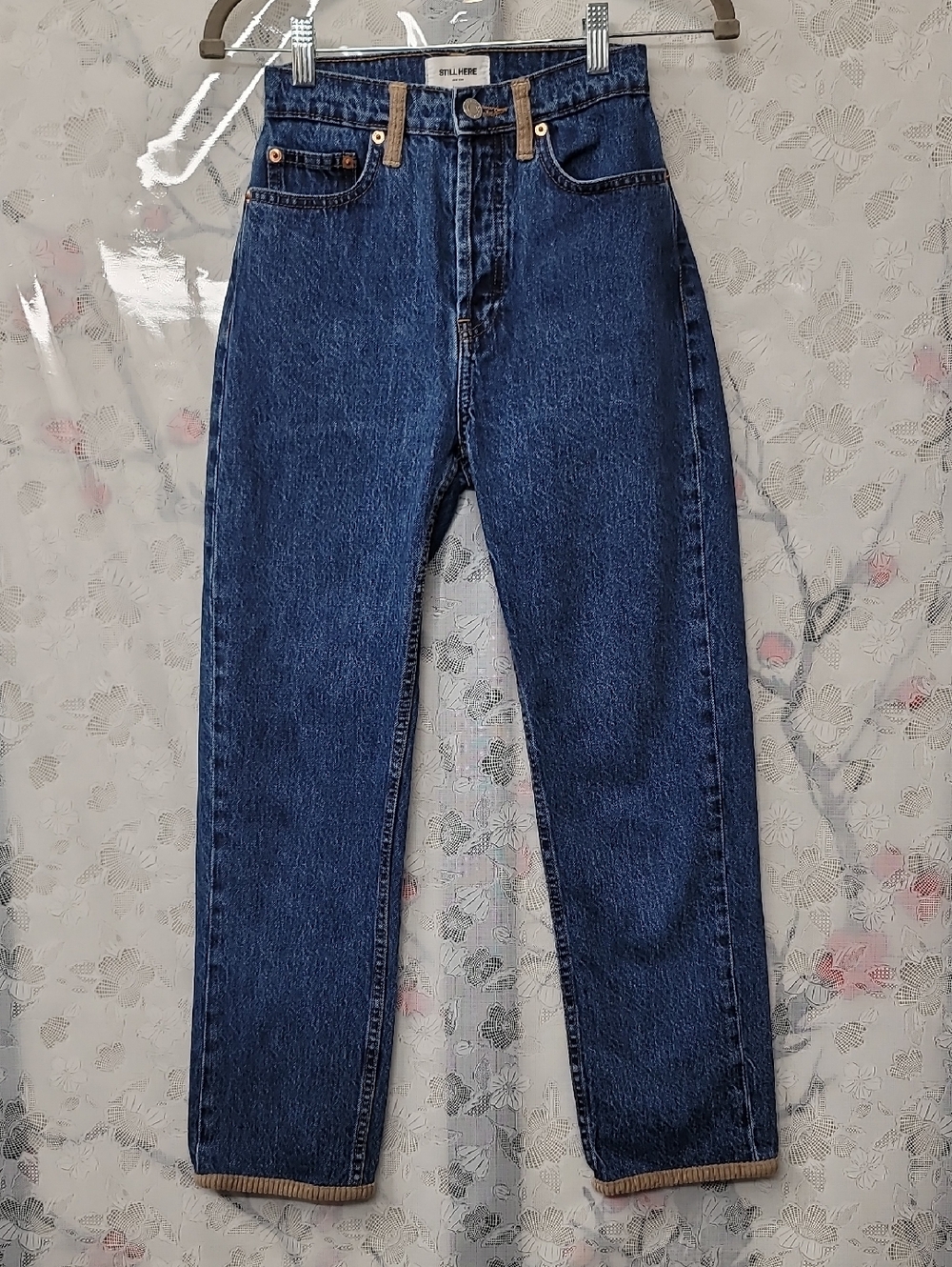 Still Here High-Rise Dark Blue Straight Jeans Corduroy Trim Size 23